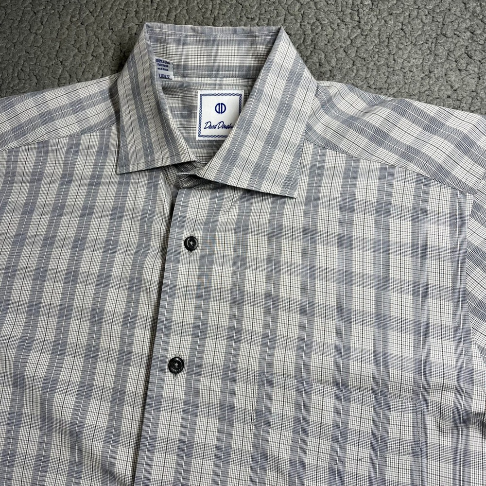 David Donahue Button Up Dress Shirt Blue Grey Plaid Men's Size M Cotton